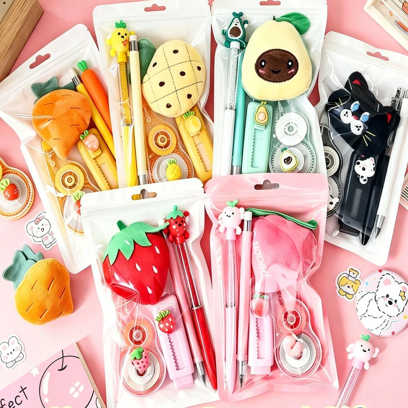 Ins Style Fruit & Black Cat Themed Stationery Set - Pineapple Peach Strawberry Avocado Pen & Accessory Writing Eraser A7997