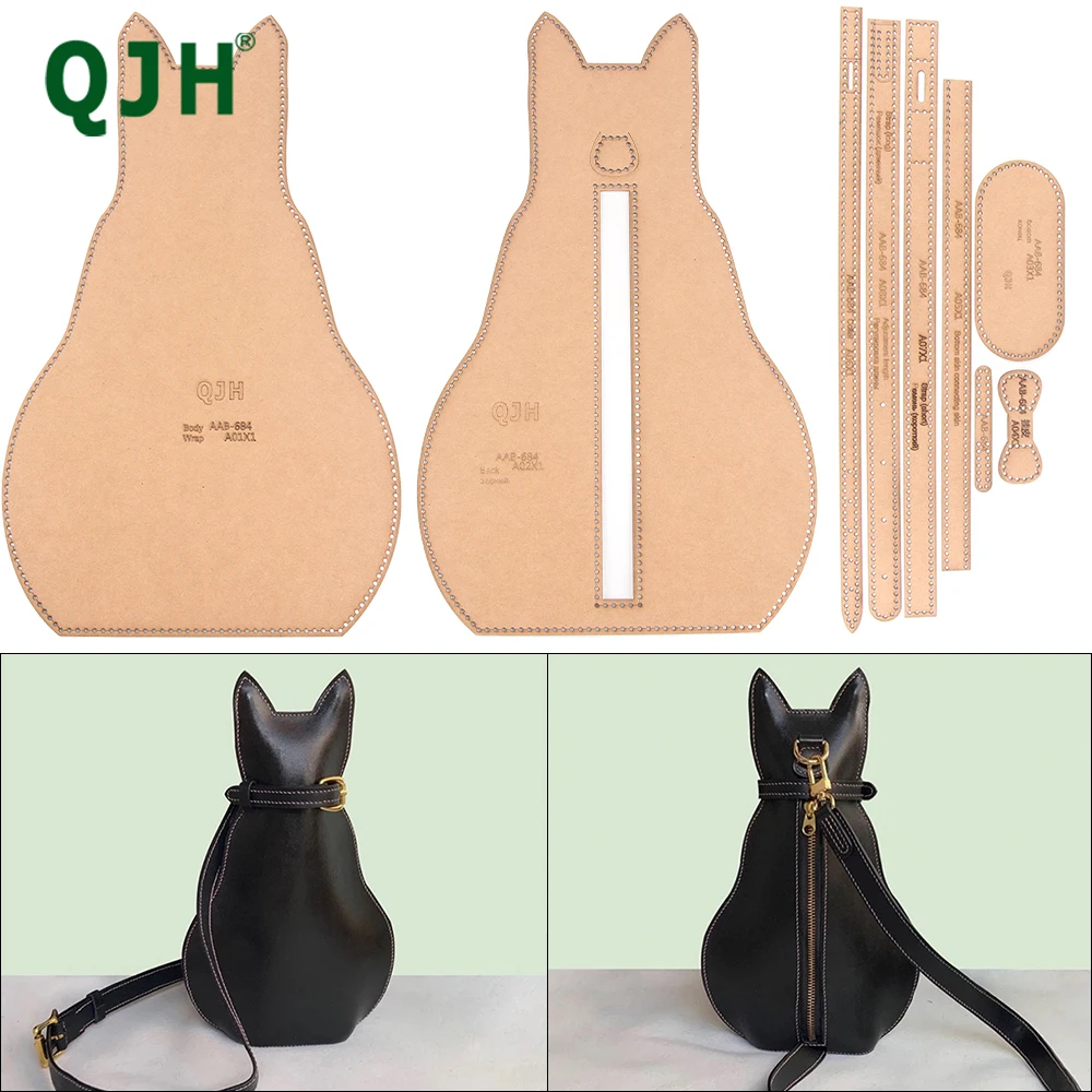 QJH Handmade Leather Crafts Cat Cartoon Ladies Chest Bag Personalized Messenger Bag Kraft Paper Free Cutting Template With Holes