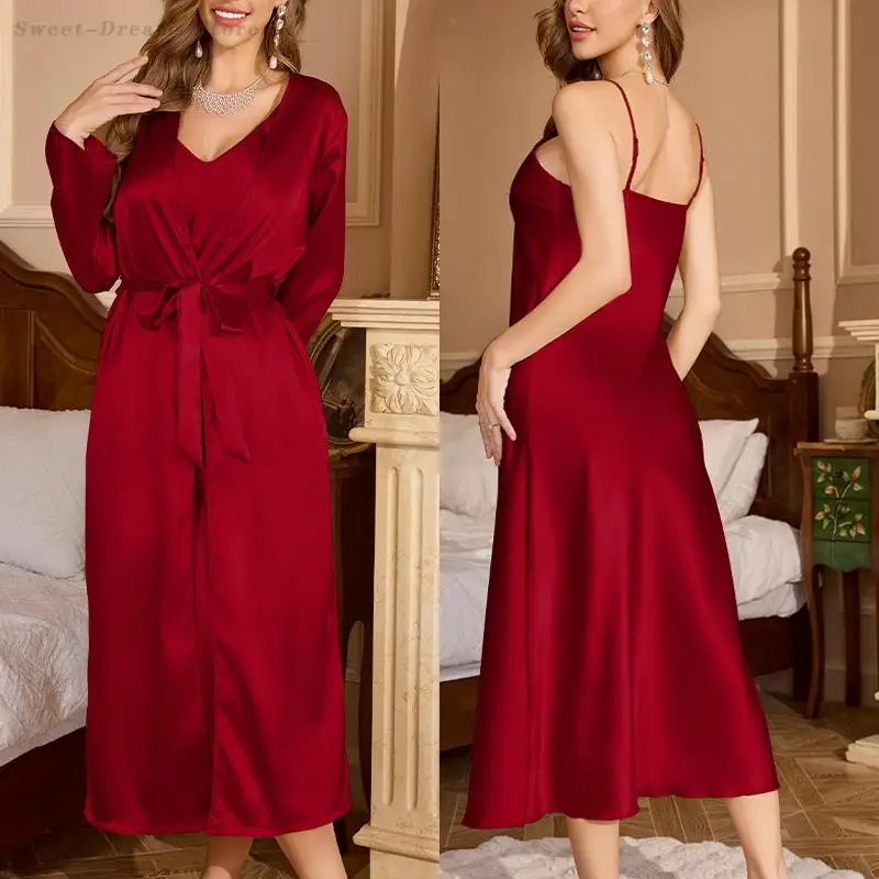

Satin 2PCS Robe Nightgown Set Women's Spring Autumn Homewear Sexy Sleepwear Bathrobe Casual Nightwear Spaghetti Strap Nightdress