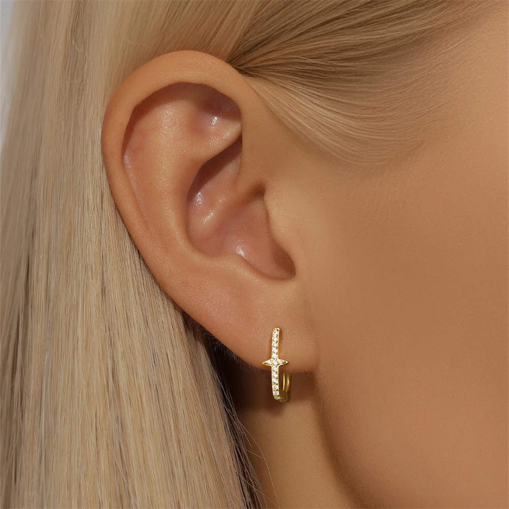 CANNER 925 Silver Four Pointed Star Square Hoop Earrings For Women 18K Gold Plated Vintage Flower Green Zircon Ins Fine Jewelry