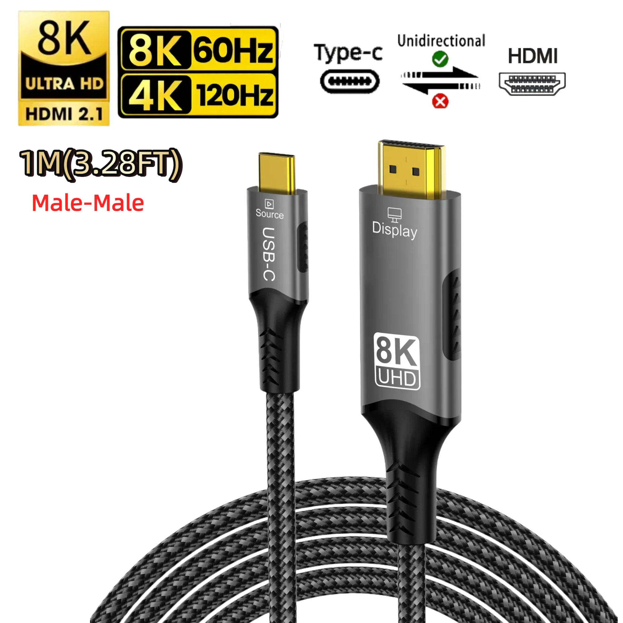 Type C naar HDMI-kabel 8K@60Hz 4K@120Hz 2K@240Hz USB C naar HDMI 2.1-snoer Compatibel voor TV-converter MacBook iPad Samsung Galaxy