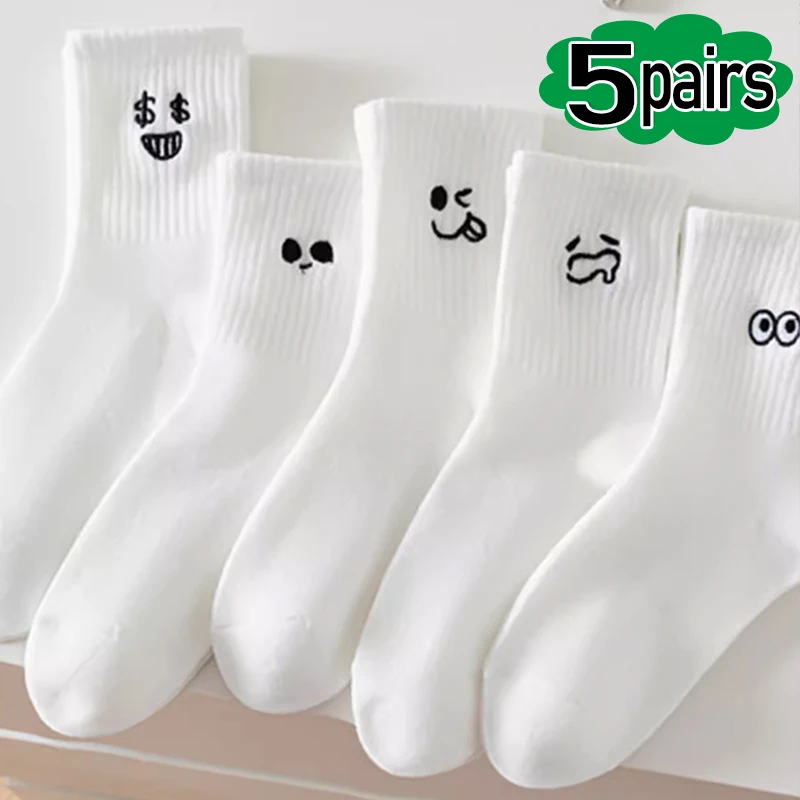 

5pairs/set Summer Funny Mood Expression White Socks Women Girls Simple Cotton Soft Solid Spring Sport Middle Tube Short Sock