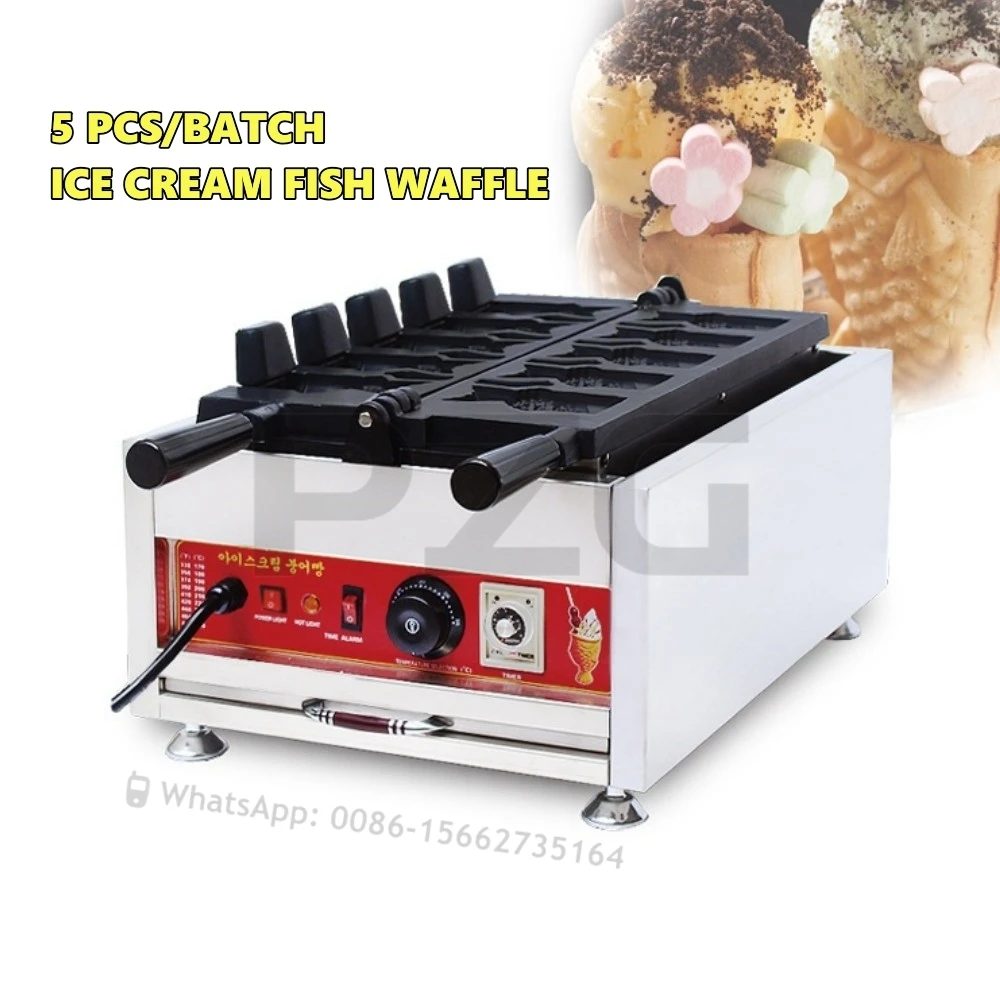 Snack Machines Open Mouth 5 Pcs Taiyaki Maker Machine Fish Shape Waffle Cone Taiyaki Fish Cake Making Machine Electric 110v 220v