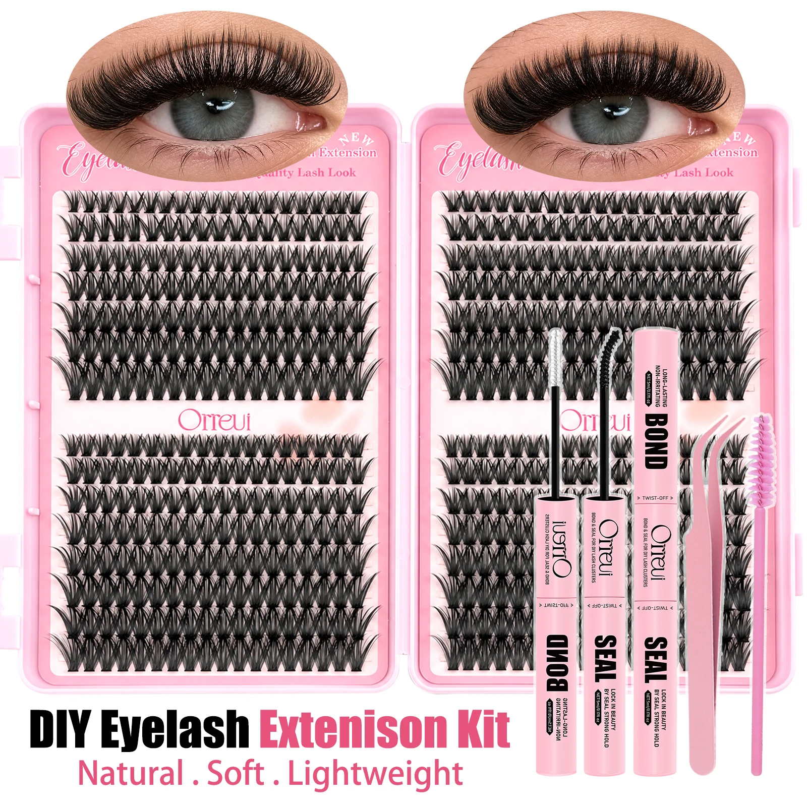 DIY Lash Cluster Kit 8-16mm Mixed Length Wispy Volume Individual Lashes with Bond Seal Glue Tweezers Brush, Soft Lightweight