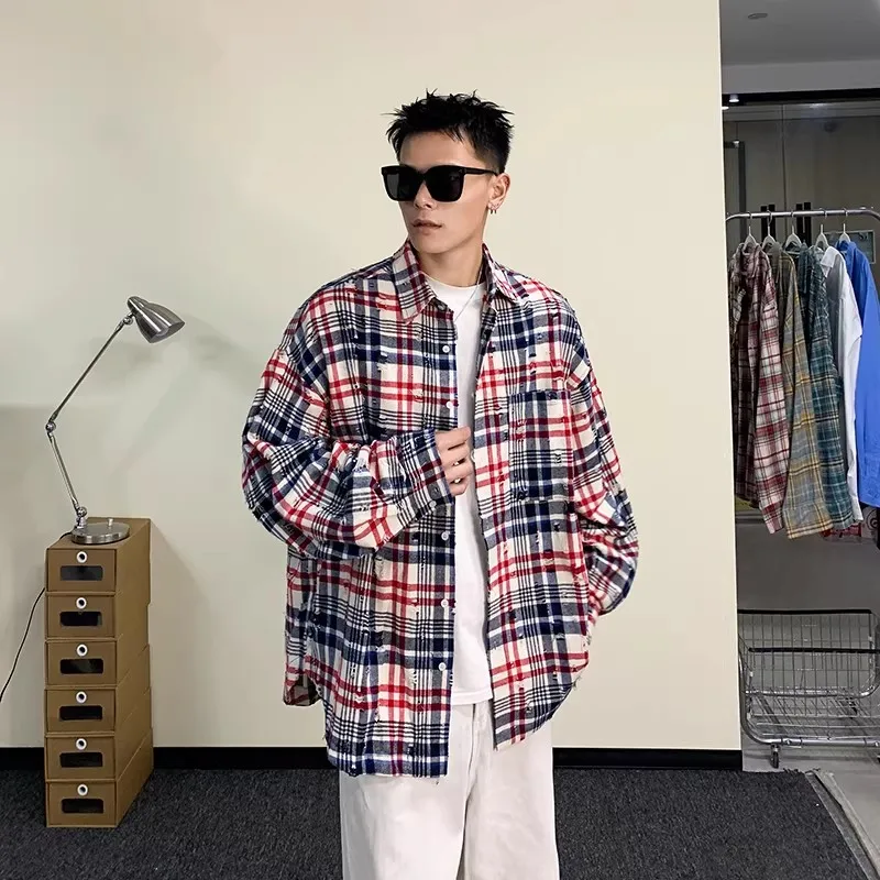 

Loose Fit Plaid Long Sve Men's irt Casual Japanese Sle Collar Stand up Polyester Fiber Anti-Wrinkle Spring Autumn Wear