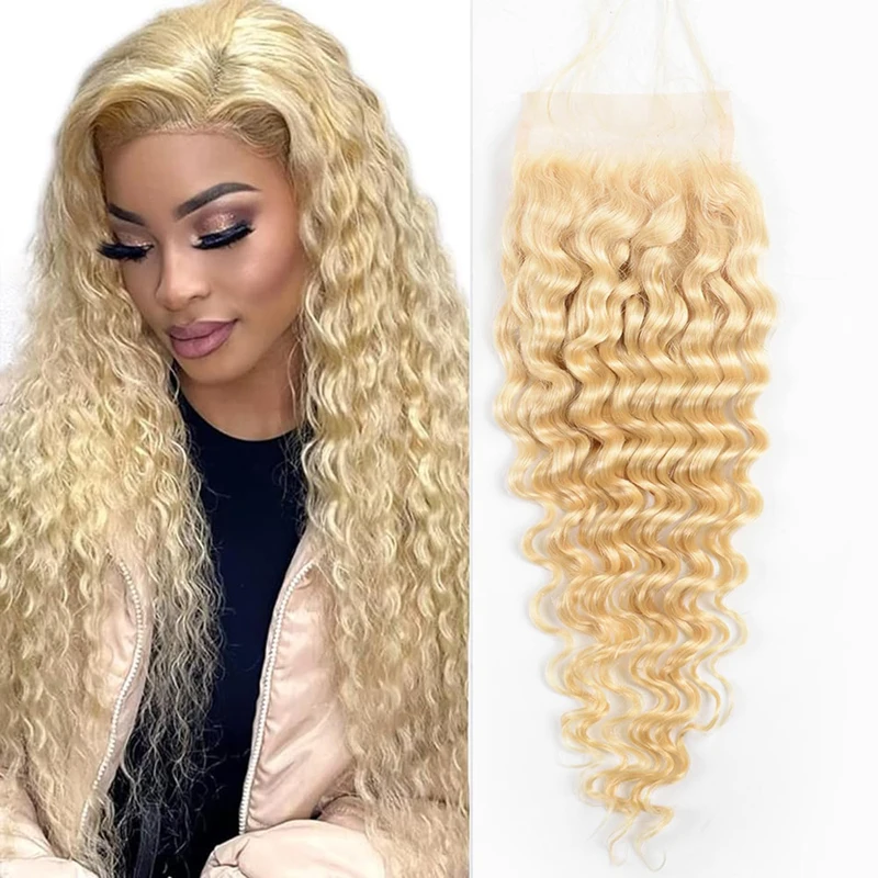 613 Blonde 4x4 Deep Wave Human Hair Lace Closure 150% Density Full End Indian Virgin Hair Pre-Plucked Hairline 10-20 Inch