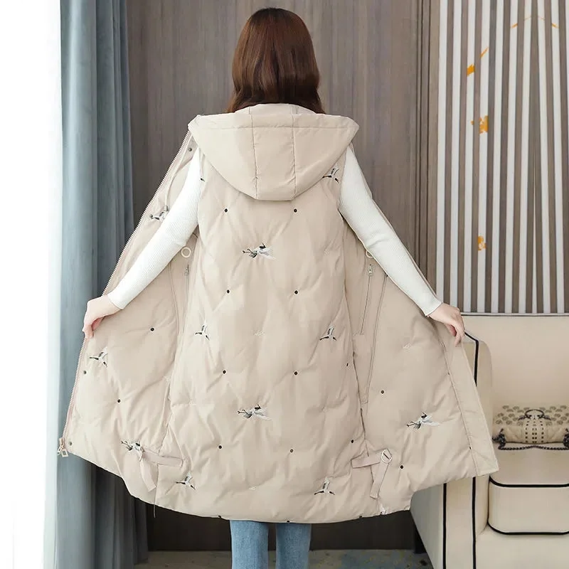 Winter Women Warm Vest Embroidered Long Hooded Oversize Outerwear Thicke Cotton Waistcoat Female Sleeveless Jacket Vest Coat 5XL