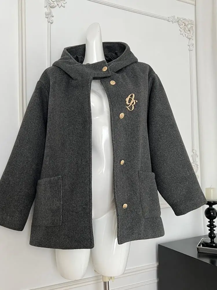 

Korean Fashion Women's Grey Single Breasted Hooded Short Woolen Coat Chic Autumn Winter Elegant Loose Jackets 2024 Popular Trend