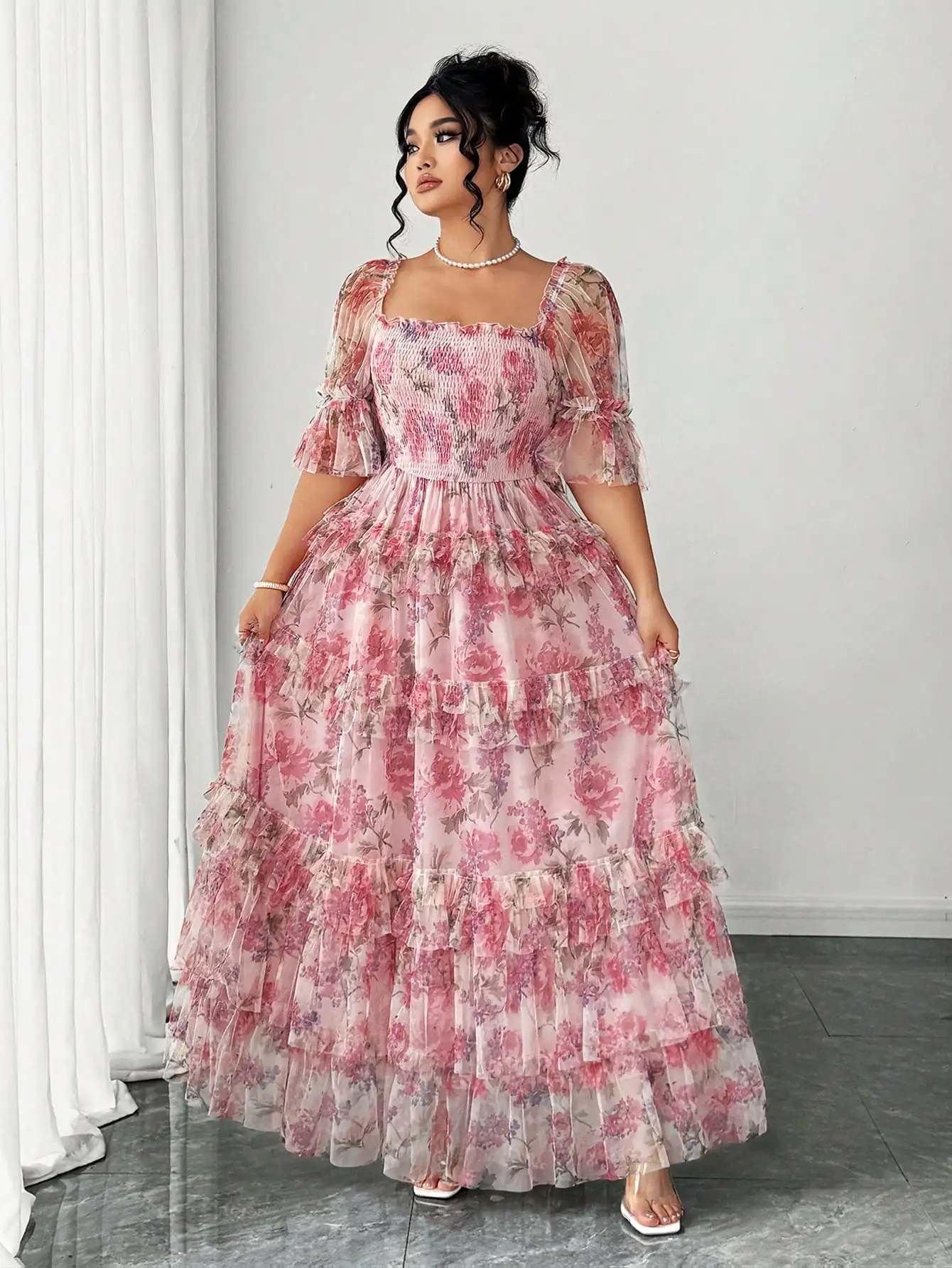 

Plus Size Women Elegant Floral Print Mesh Ruffled Tiered Maxi Dress Spring Summer