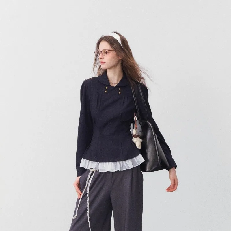 

French Long Sleeved Shirt with Cinched Waist for Slimming Effect, Double Breasted Lapel Shirt, Outerwear With Temperament,Top