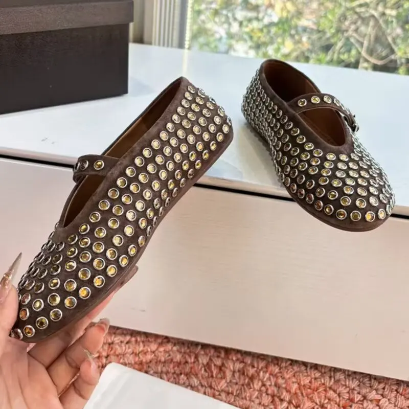 Designer Brand Original French Rhinestone Mary Jane Shoes Women's Genuine Leather Rivet Buckle With Flat Ballet Single Shoe