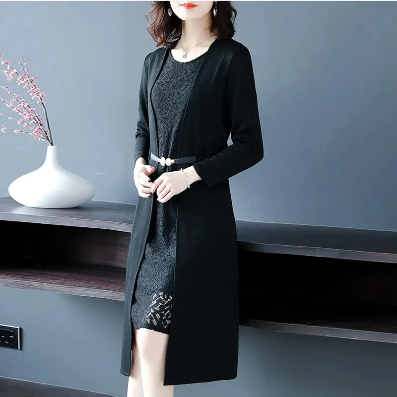 Elegant Lace Dress Set Women Two Piece Set New Spring Autumn Cardigan Coat Long Sleeve Tops And Vest Dress Suit With Belt 5XL