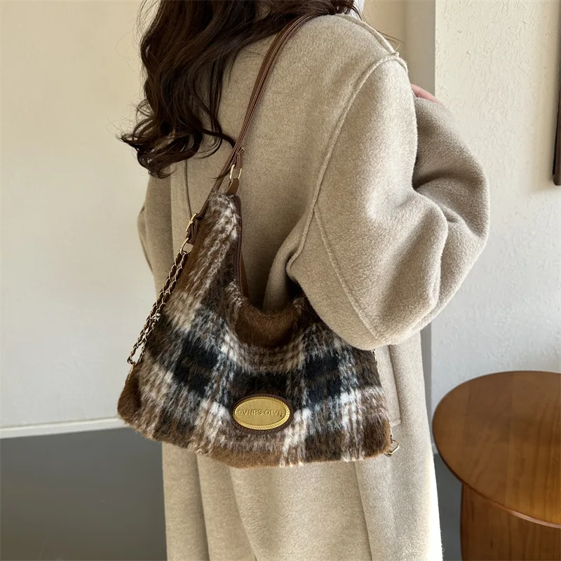 Large-capacity Plaid Wool Tote Shoulder Bag Women New Autumn Winter Simple and Casual Joker  Commuter Luxury Brand Shoulder Bag