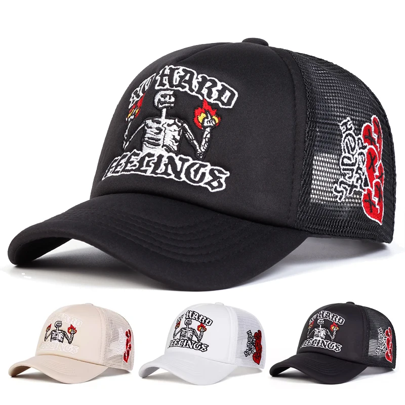 Unisex Skull Flame Embroidery Baseball Net Caps Spring and Summer Outdoor Adjustable Casual Hats Sunscreen Hat