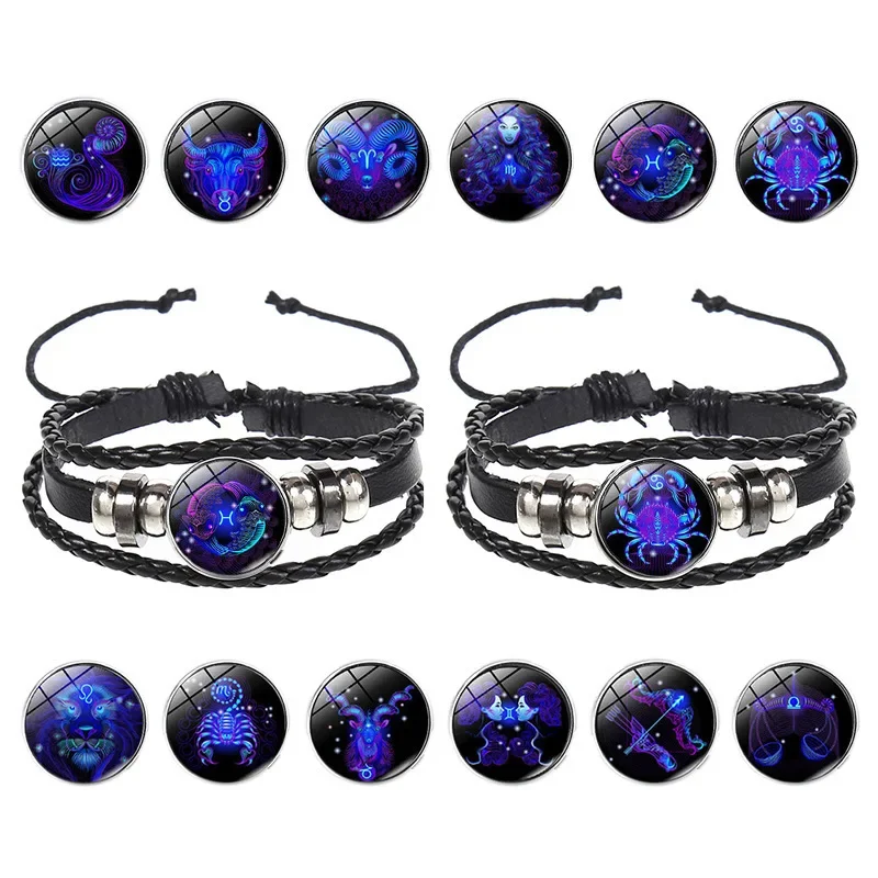 Punk Harajuku Simple Sweet Individuality Couple Hand rope 12 signs Hand knitting Noctilucent Leather Astral Bracelet Accessory