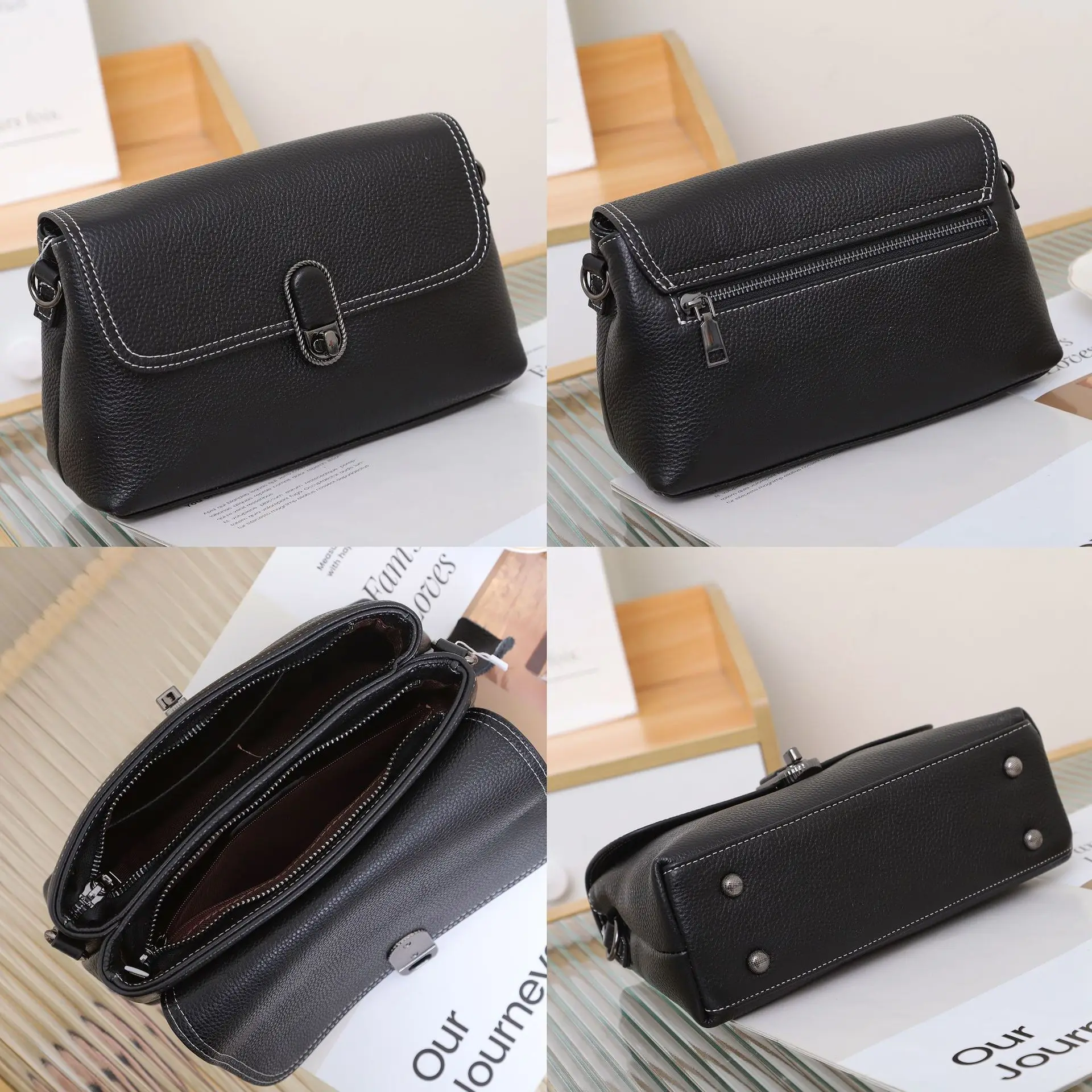 Full-Grain Leather Women's Underarm Square Bag - Lock Closure Single Shoulder Purse, Minimalist Multi-Pocket Crossbody for Work