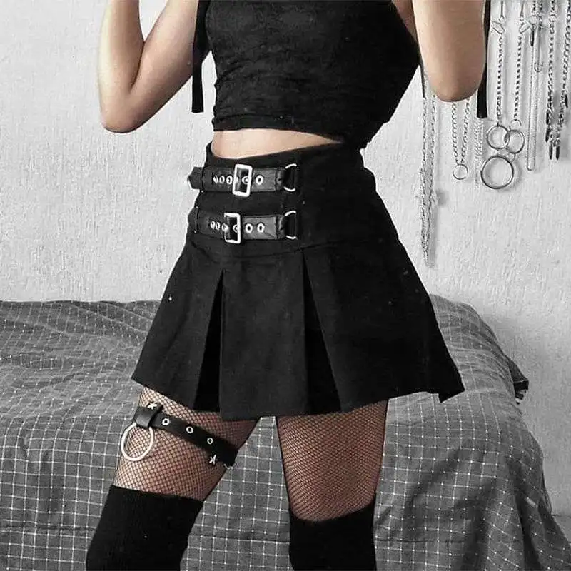 

Sexy Mini Dress Black Gothic Ghost Punk Style High Waist Women's Half length Dress Riveted A-line Double Adjustable Buckle