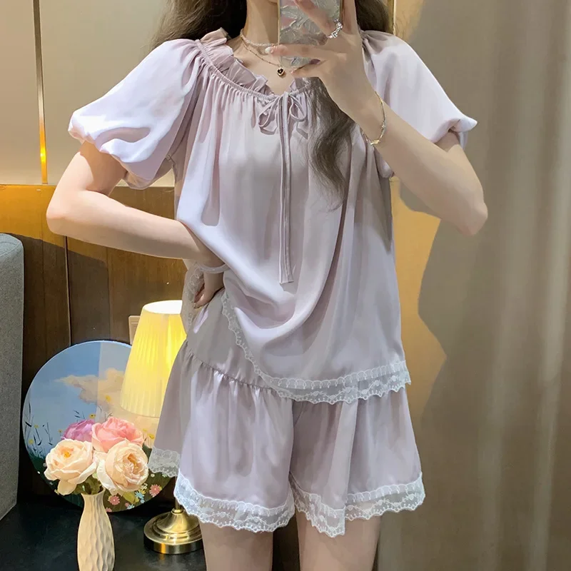 Pajamas Women\'s Summer Ins Ice Silk Thin Korean Version Sweet Lace Trim Short-sleeved Shorts Loungewear Sets Solid Shorts Pj Set