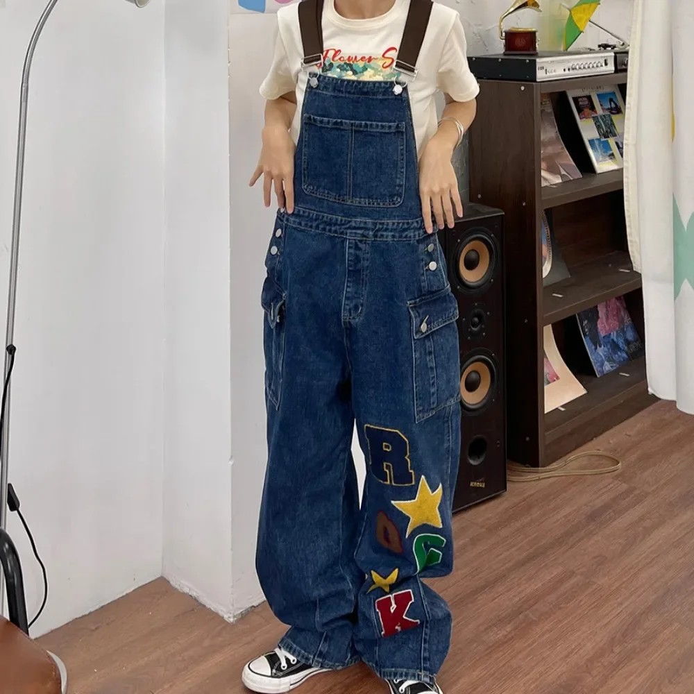 Monos de retazos a la moda para mujer, monos con bolsillos Vintage High Street Y2k, pantalones vaqueros juveniles que combinan con todo, estilo americano, frío suelto