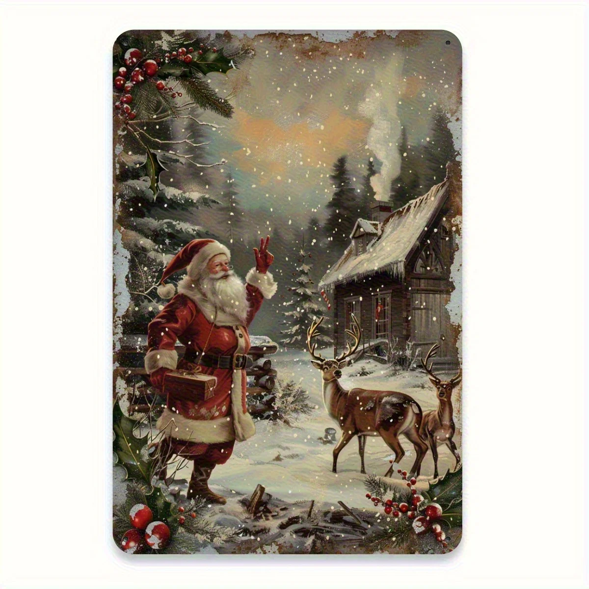 Vintage Santa Claus & Reindeer Metal Tin Sign Wall Art -  Rustic Iron Holiday Decor with Snowy Cabin Scene, Holly Berries Pre-Dr