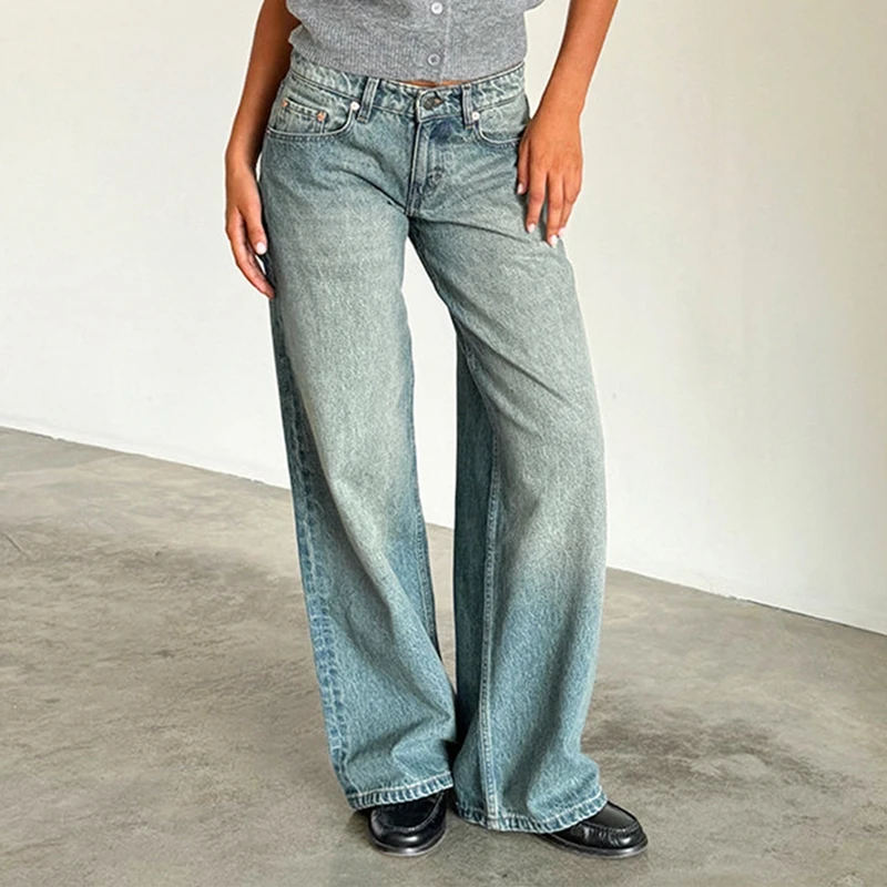 

Trendy Loose Fit Boyfriend Straight Wide Leg Jeans Women Y2K Aesthetic Low Rise Baggy Jeans Stretch Long Denim Pants Trousers