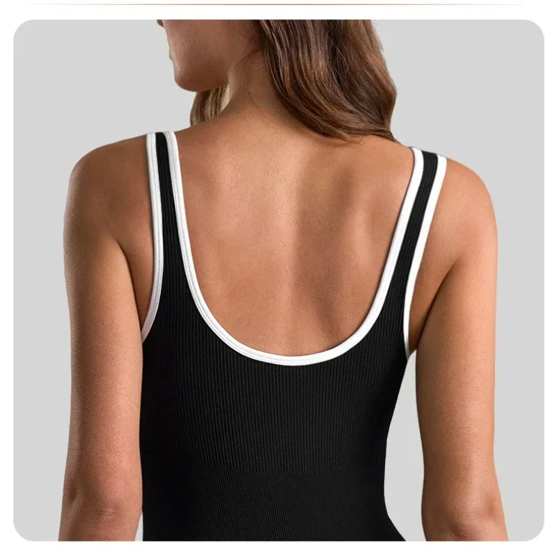 WANAYOU Contrast Women Yoga Jumpsuit Hip Lift Sports Shorts Set Low V Neck Gym Tracksuit Workout Bodysuits Sport Set Women