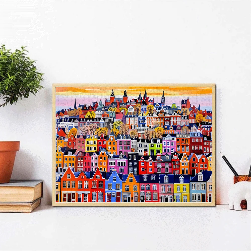 1000 stuks puzzel voor volwassenen - levendig stadsgezicht met kleurrijke gebouwen en herfstbomen, grote familieactiviteit, hersenen