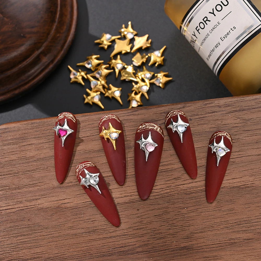 10Pcs Silver Four Pointed Star Nail Charms 3D Metal Shiny Hearts Rhinestones Nail Jewelry Y2K Charms For DIY Nail Decorations