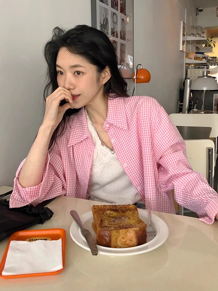 قميص نسائي أنيق بأكمام طويلة وواسعة مناسبة لفصل الخريف المبكر، بتصميم مربعات وطبعة فقاعية، أسلوب كوري مريح مع أزرار، مثالي لل... #5