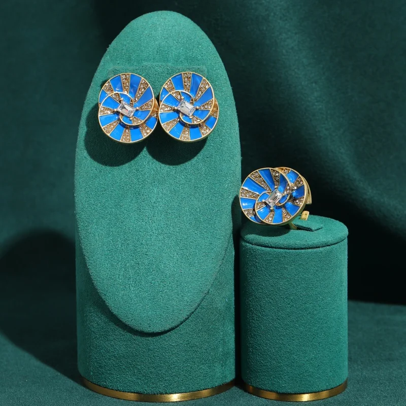 Vintage Blue Enamel Spiral Jewelry Sets Earrings Ring 18k Gold Color High Quality Luxury Party Trendy Gift Trends 2026 New