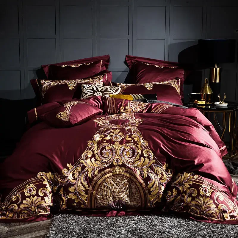 1000TC Luxury Egyptian Cotton Duvet Cover Set Bed Sheet Pillow shams Shabby Chic Embroidery Bedding set Red Grey US King Queen
