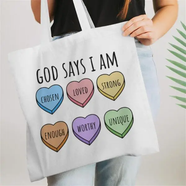 

God Says I Am Loved Strong Enough... Print Canvas Tote Bag Women's Valentine's Day Gift Shoulder Bag Casual Chic Love Handbag