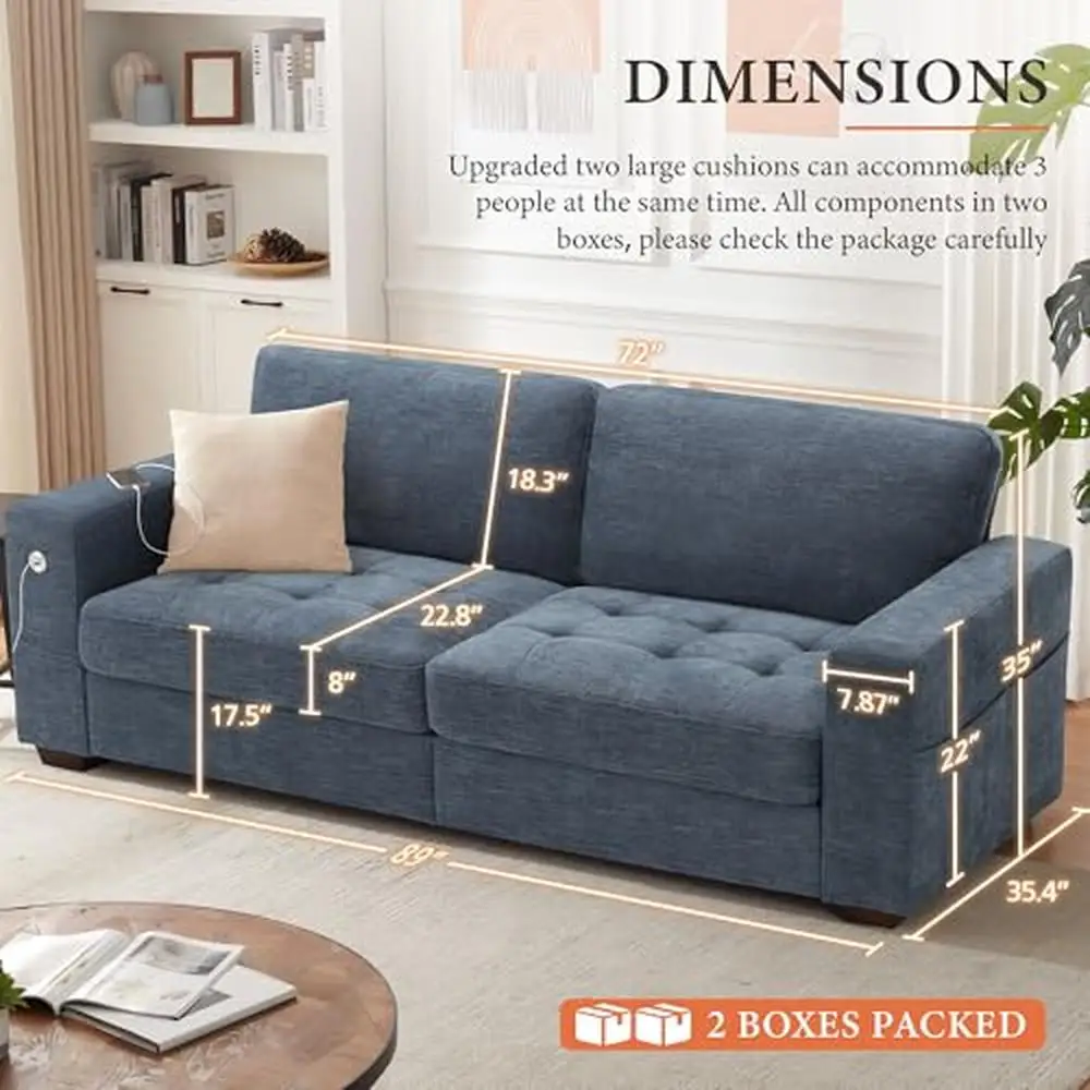 3-Seater Modern Sofa with USB/Type-C Charging Ports & Side Pocket Storage