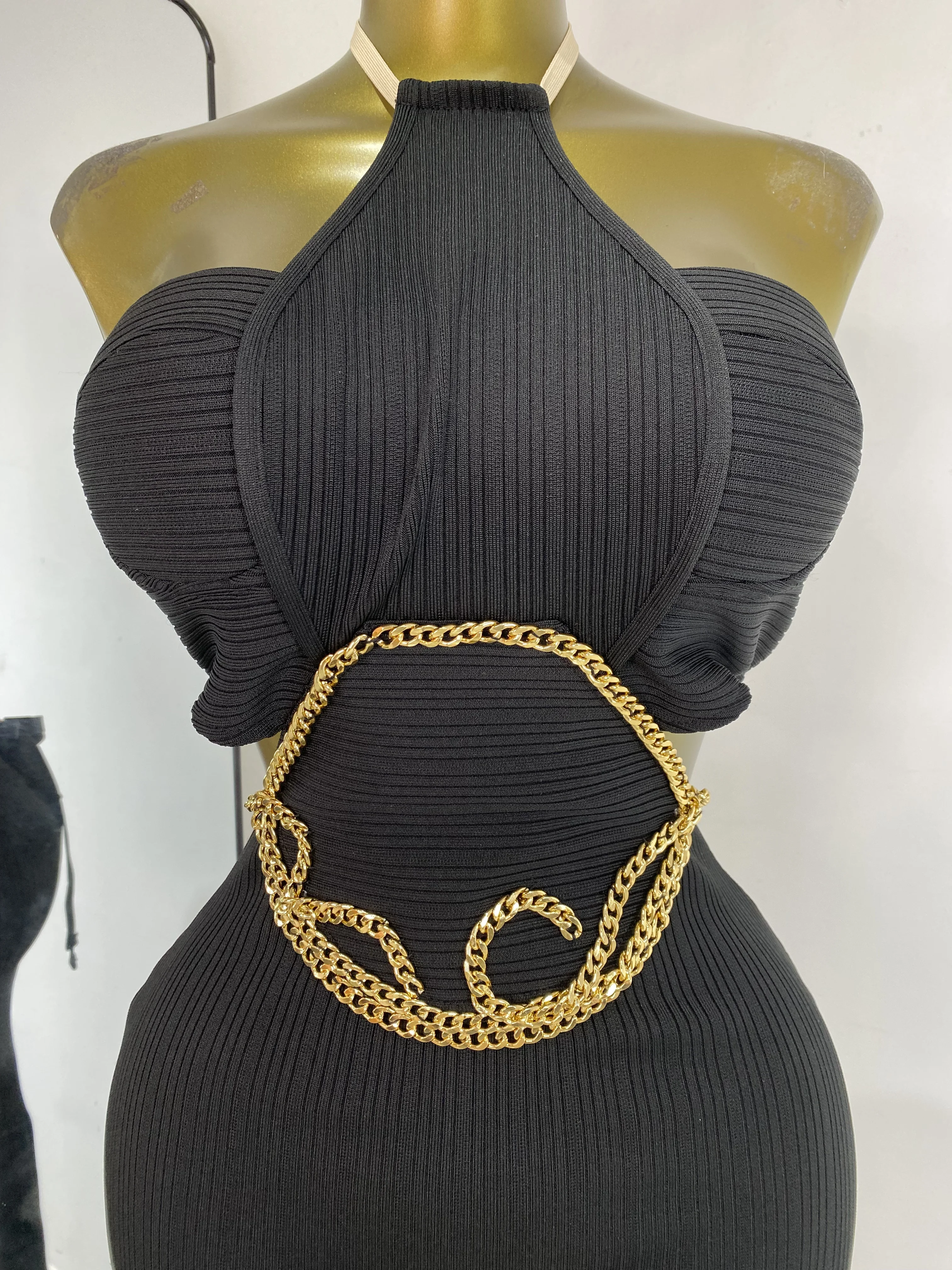 Feminino novo preto kib bandage vestido halter bustier corte corrente de ouro longo elástico malha celebridade noite clube vestidos de festa
