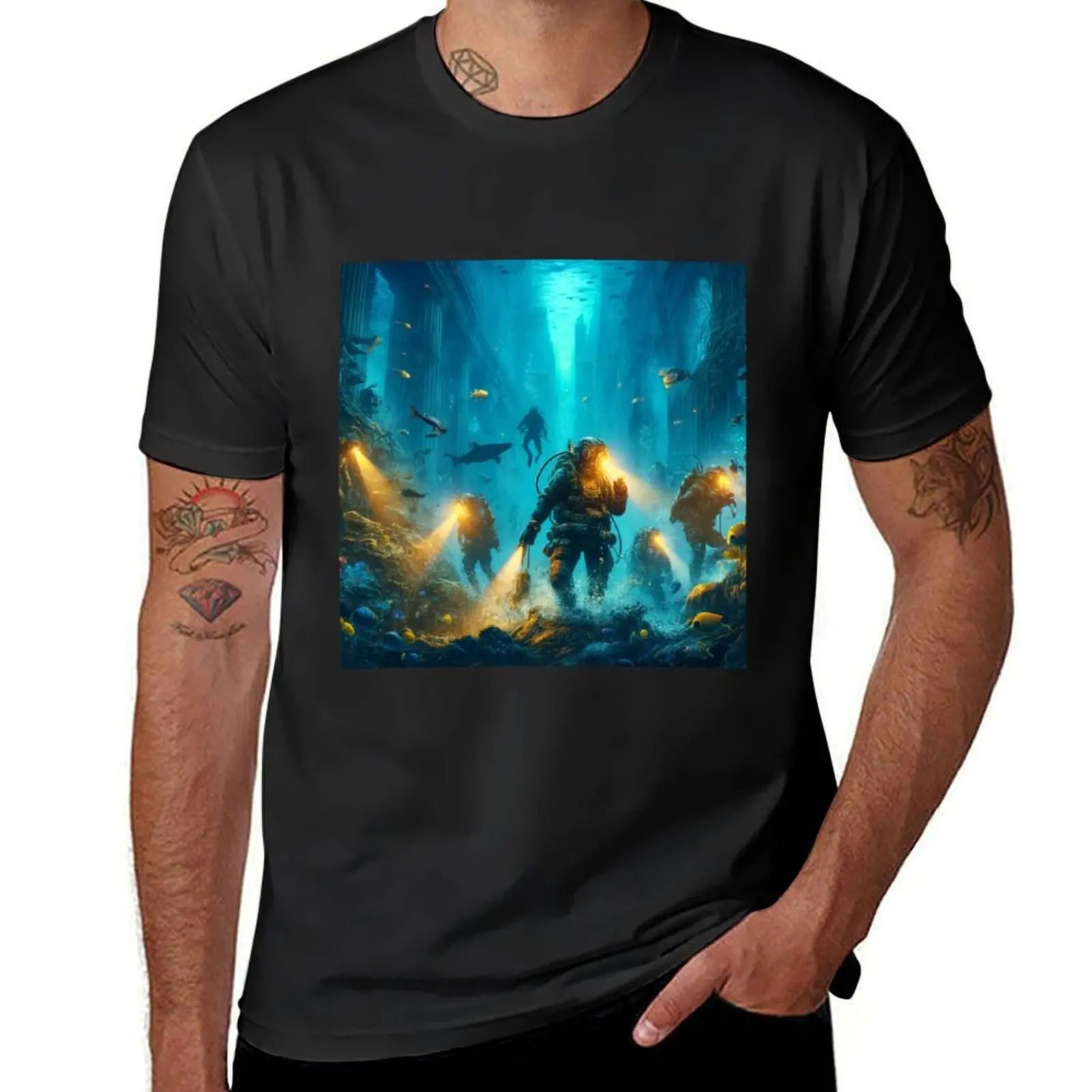 Scuba Divers Exploring Post Apocalyptical Underwater Cityscape T-Shirt aesthetic clothes blanks sublime mens tall t shirts