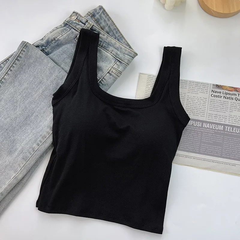 Square Collar One-Piece Cotton Tank Top Women's Short Sleeveless Vest Pure Color Backless Design Inner And Outer Wear