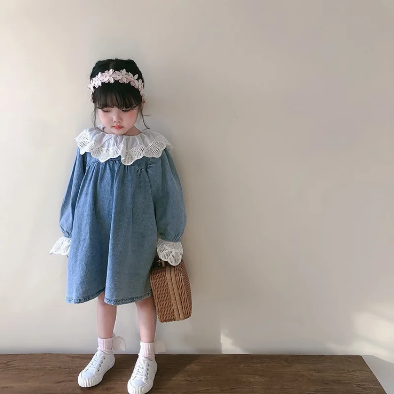 Children's Sweet Dress Autumn Girls' Floral Lace Denim Skirt Children Shirt3-8One-Piece Delivery for Children's Clothing