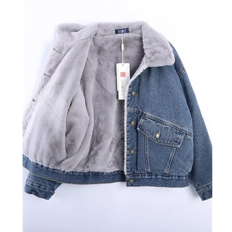 Short Denim Velvet Jacket Women's Autumn Winter New Korean version Fashion Loose Slimming Versatile Thicken Warm Cotton Jackets