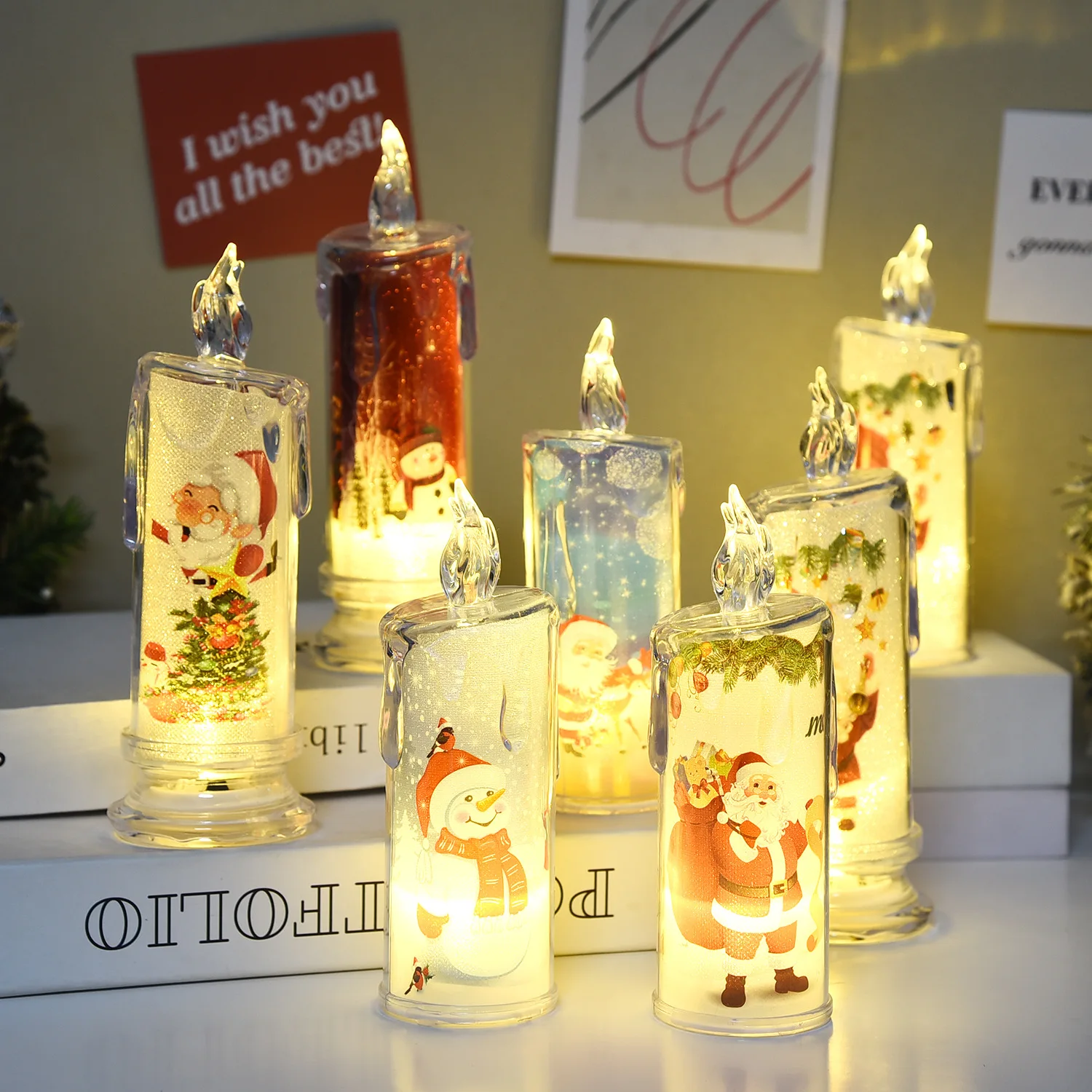 Christmas Electronic Candle Decoration Transparent Built-in Printed LED Simulation Flameless Candle Ambient Lighting Xmas Gift