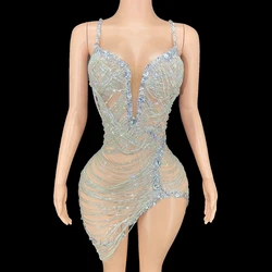 Sparkly Rhinestones Chains V Neck Bodycon summer Short Dress Sexy Mesh Transparent Birthday Evening Celebriate Dress Stage Wear