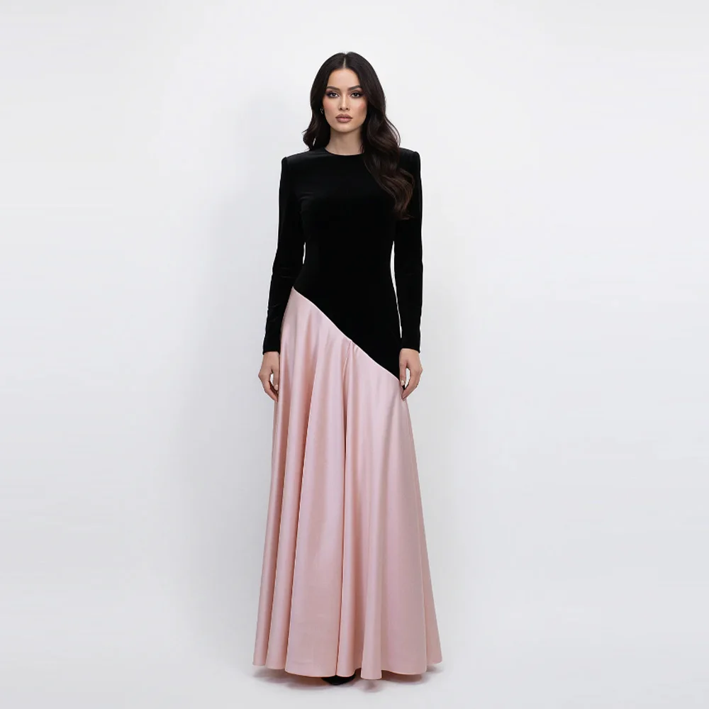 

Women's A-line Evening Dresses Ankle-length O-neck Full Sleeve Prom Gown Simple Fashion Pink Draped Casual Customized Gowns