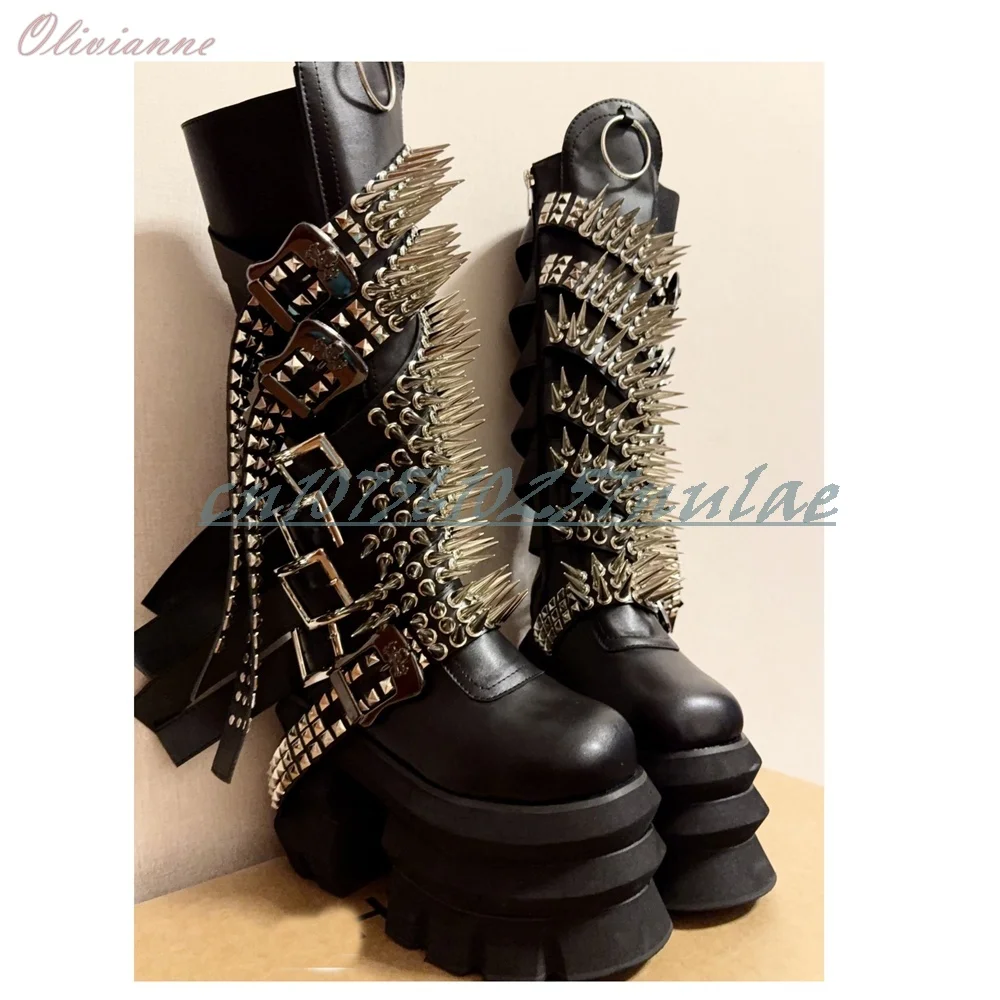 

2026 New Many Metal Rivets Strap Decor Mid Calf Boots Thick Soled Platform Punk Cool Fashion Party Black Women Shoes Para Mujere
