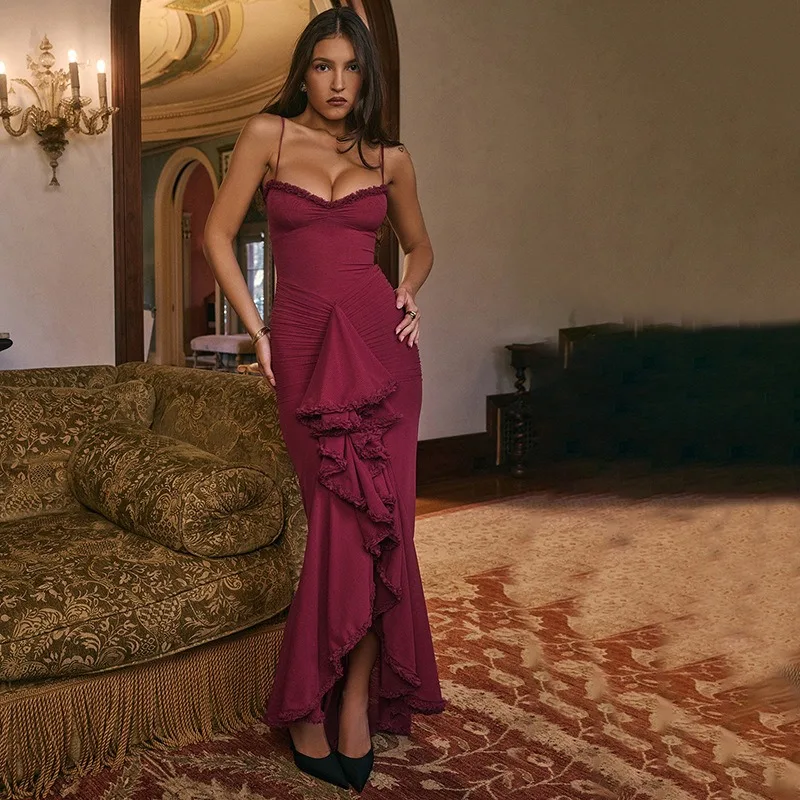 2025 spring and summer women's new style sexy backless mesh suspender solid color personality long skirt slim dress