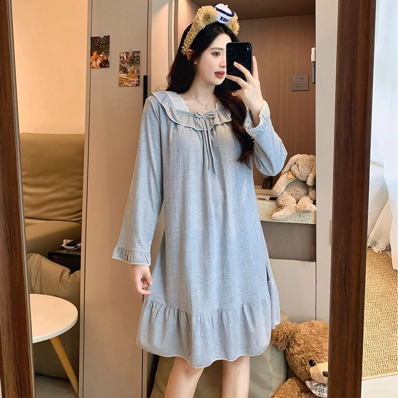 

Осенние милые кружевные хлопковые ночные рубашки принцессы с длинными рукавами для женщин, милая корейская одежда для сна, ночное платье, ночная рубашка, домашняя ночная рубашка