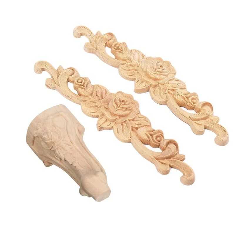 ABWP-6 Pcs Decorations: 2 Pcs 20X5cm Wood Carved Long Onlay Applique & 4 Pcs 10X6cm Solid Wood Carved Furniture Foot Legs