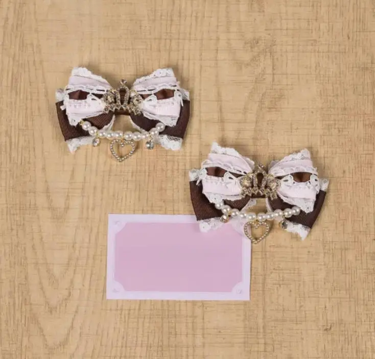 

Sweet Cute Girls Side Clip Handmade Lolita Bow Rhinestone Crown Pearl Chain Hairpin Cos Headwear Women's Hair Clips