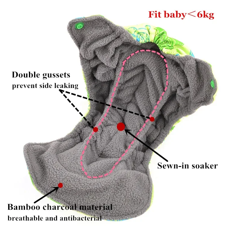 Happy Flute Bamboo Charcoal Double Gussets Newborn Diapers NB AIO Cloth Diaper Belly Button 8 Solid Colors Fit 2-5KG Baby