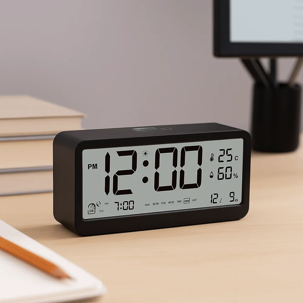 ذكي الإلكترونية منبه رقمي على مدار الساعة سطوع قابل للتعديل مستطيلة عرض التاريخ ساعة الطاولة عدم الانزلاق القاع