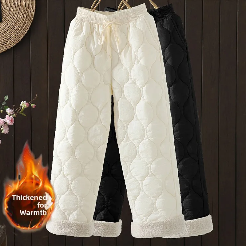 

Женские утепленные хлопковые брюки с широкими штанинами на флисовой подкладке, осенне-зимние, с высокой талией, длинные, с ромбовидным узором