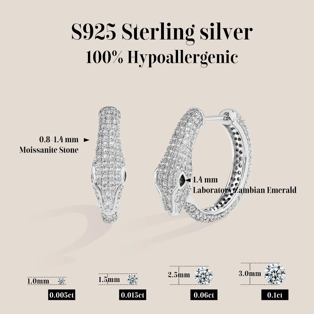 MINTYBOX DVVS1 Color Moissanite Hoop Earrings for Women Men 925 Sterling Silver Green‑Eye Serpent Earrings Birthday Gift Jewelry